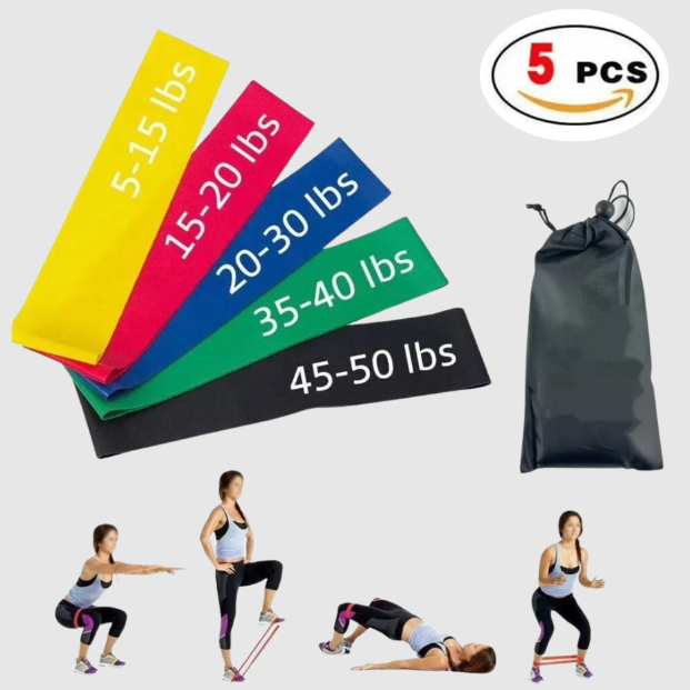 Set of resistance bands with labeled weight ranges and a carrying bag on a white background.